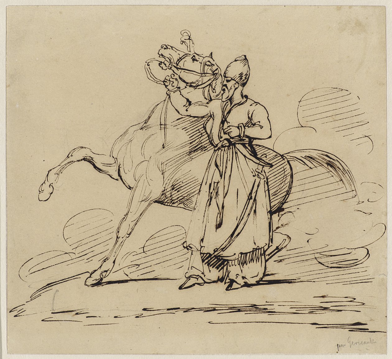 Persan tenant un cheval（Persian Holding a Horse），c.1817-22（笔和棕色墨水在编织纸上留下石墨痕迹） 作者 西奥多·杰里科（Theodore Gericault）