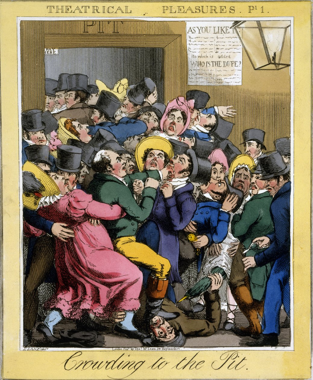 从Theatrical Pleasures，酒吧，拥挤到坑，板1。茨艾伦。麦克莱恩，伦敦，1821年（手工彩色雕刻） 作者 西奥多·莱恩