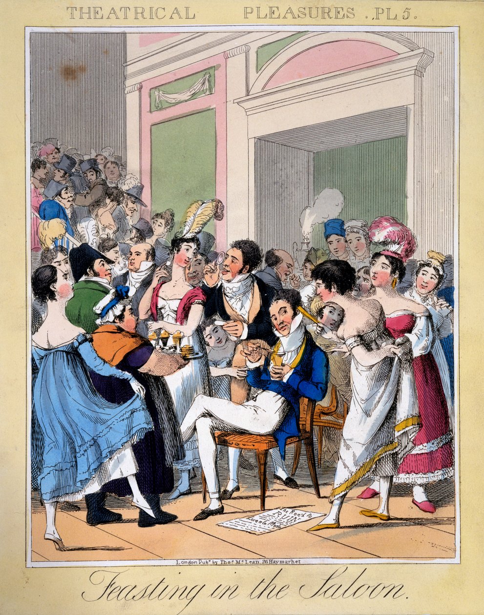 1827年（手工彩色雕刻）在“Theatrical Pleasures”的5号盘中盛宴 作者 西奥多·莱恩