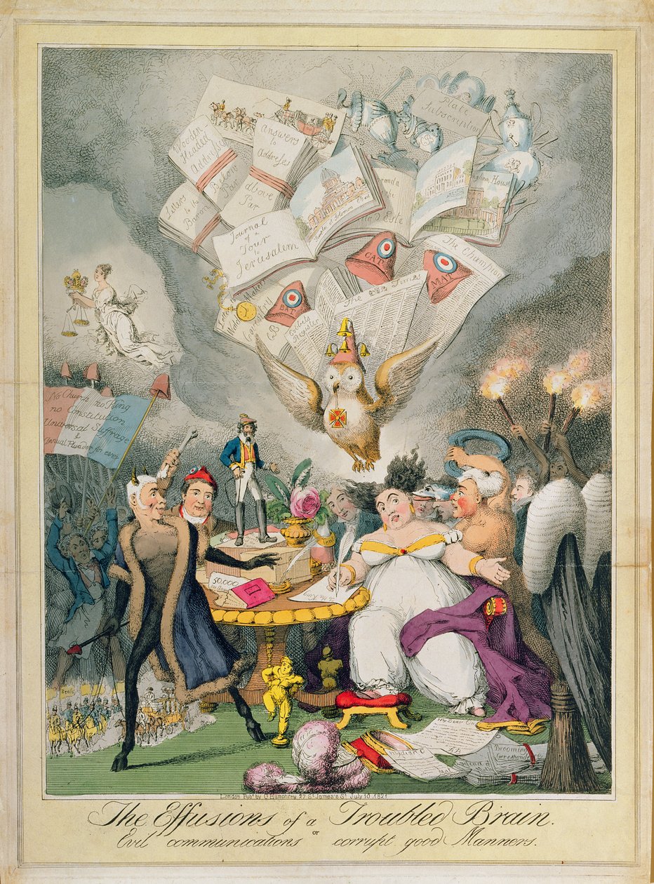 1821年G. Humphrey出版的“陷入困境的大脑或邪恶的通信腐败良好礼仪”（彩色蚀刻） 作者 西奥多·莱恩