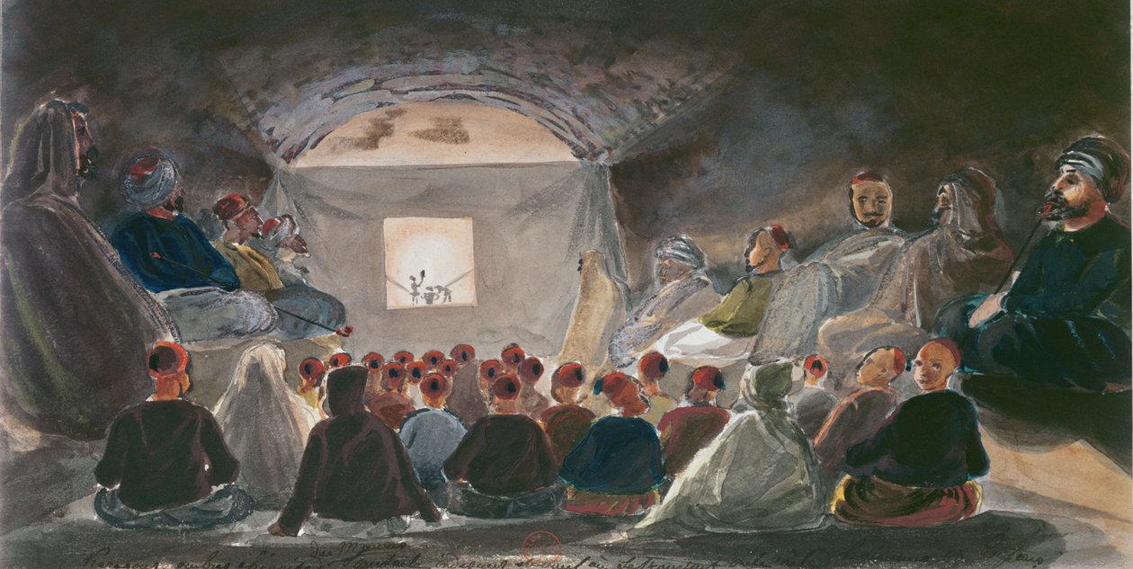 在阿尔及利亚与影子木偶一起展示。 c.1835 作者 西奥多·勒布朗