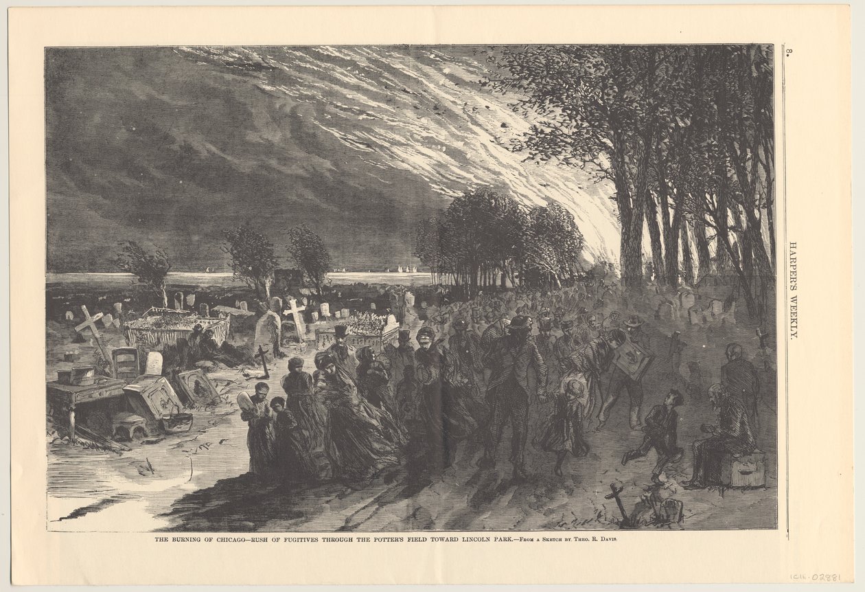 芝加哥的焚烧 - 逃亡者通过陶工场奔向林肯公园，1871年哈珀周刊的插图 作者 西奥多·罗素·戴维斯