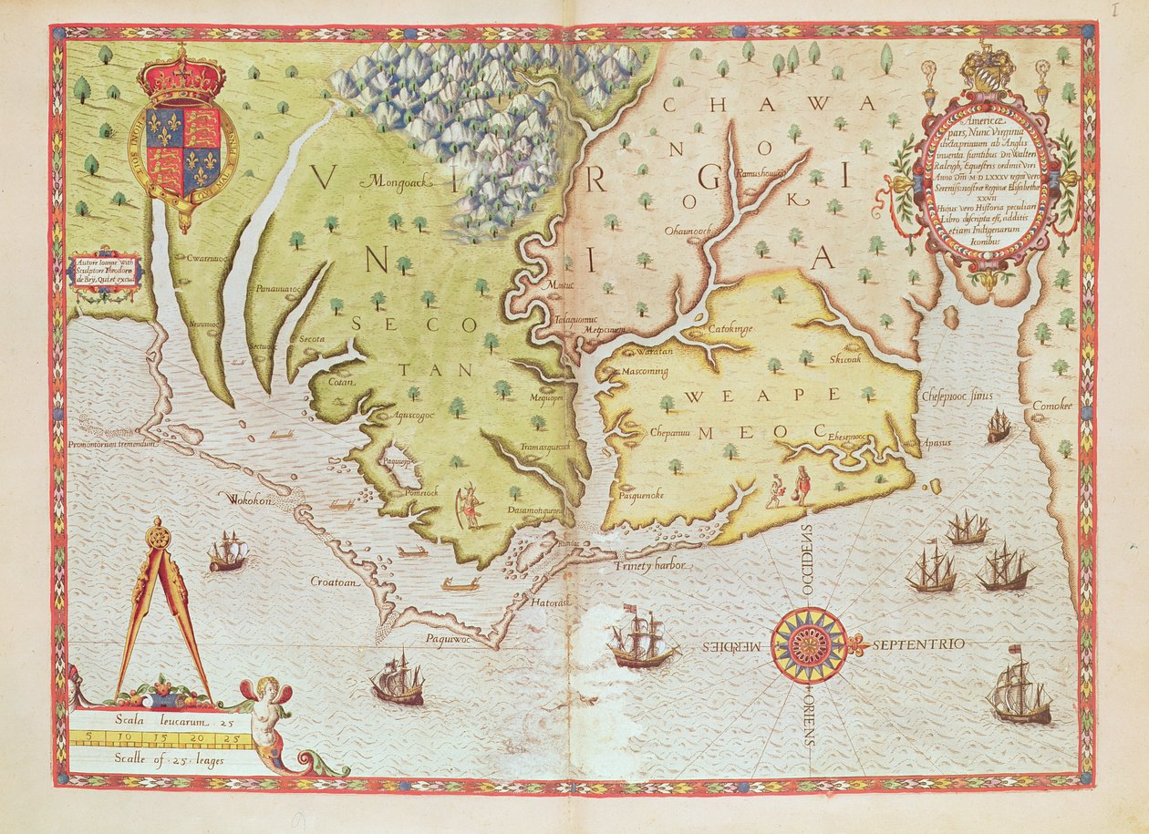 Admiranta Narratio ...弗吉尼亚州地图（第44-45页），1585-1588（彩色雕刻_ 作者 西奥多·德布瑞