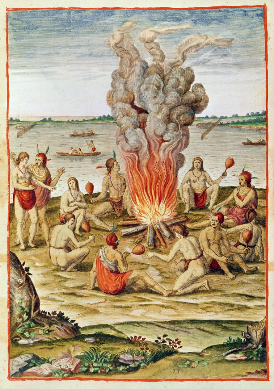 Admiranta Narratio，围绕着火的胜利庆典（第79页，第17页），1585-88（彩色雕刻） 作者 西奥多·德布瑞