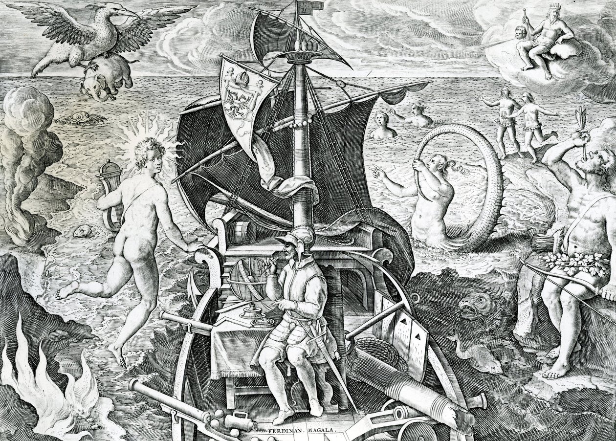 关于Ferdinand Magellan（1480-1521）旅行的寓言，由Theodor de Bry（1528-1598），16世纪 作者 西奥多·德布瑞