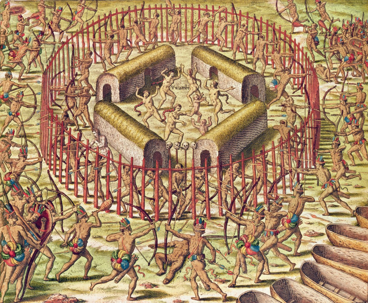 &39;Americae Tertia Pars&39;，由Tuppinjkinsij（第364页）的村庄，1562年（彩色雕刻） 作者 西奥多·德布瑞