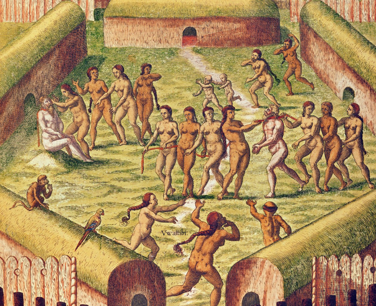 Americae Tertia Pars，印第安村庄中间的囚犯（第353页），1562年（彩色雕刻） 作者 西奥多·德布瑞