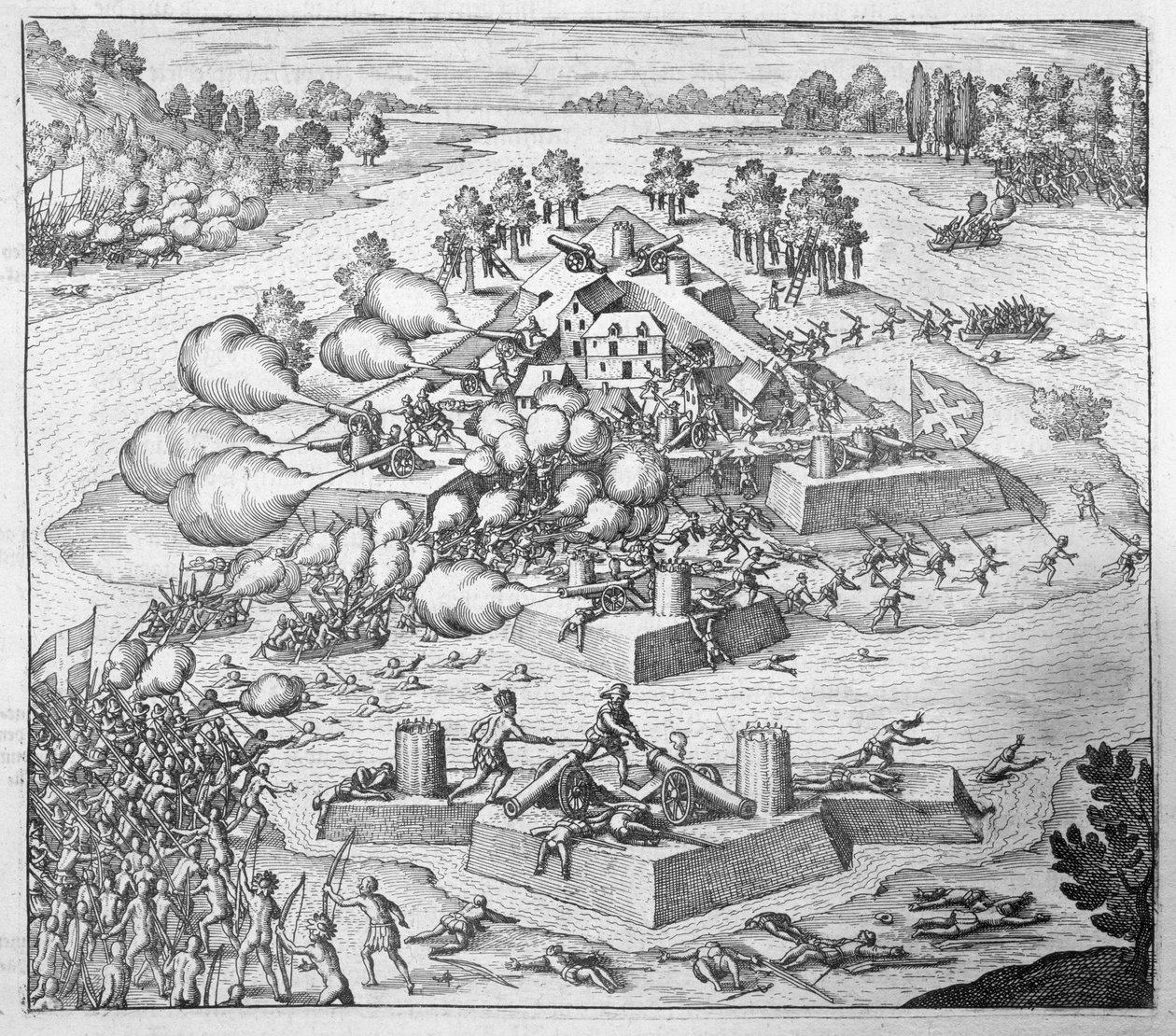 法国新教徒定居者，1562年佛罗里达州查尔斯堡，由约翰·路德维希·戈特弗里德撰写的“Newe Welt und Americanische Historien”，由法兰克福的马塔乌斯·梅里安出版，1631年（英国） 作者 西奥多·德布瑞