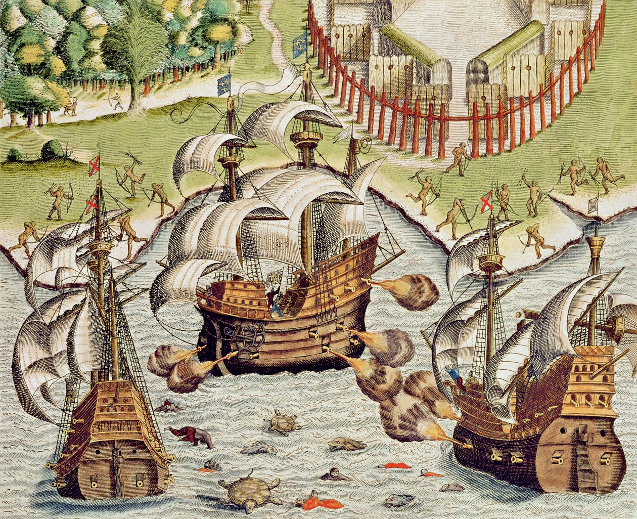 葡萄牙和法国在Potiguaran地区海域之间的海战，来自&39;Americae Tertia Pars ...&39;，1592年 作者 西奥多·德布瑞