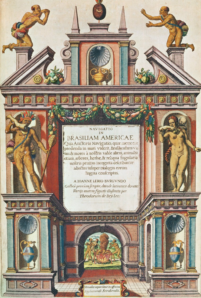 导航是在巴西的美国人。卷首（页447），1563（彩色版画） 作者 西奥多·德布瑞