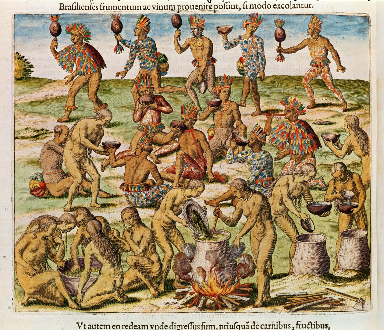 Brasiliam Americae的Navigatio，玉米和小麦制成的饮料（第486页），1563（彩色雕刻） 作者 西奥多·德布瑞