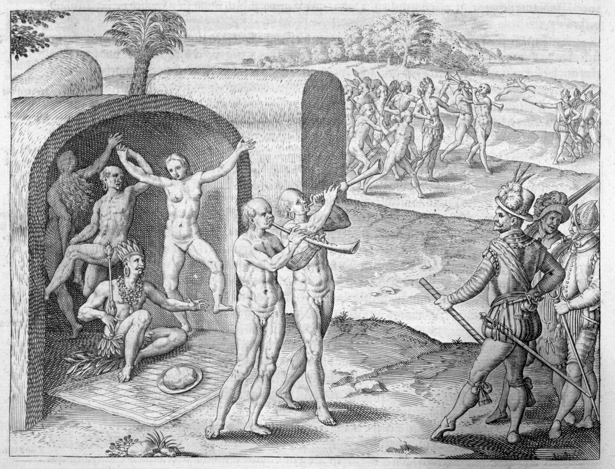 西班牙人受到印度国王的欢迎，来自Girolamo Benzoni对征服秘鲁的描述，来自Johant Ludwig Gottfried的“Newe Welt und Americanische Historien”，由Mattaeus Meri出版 作者 西奥多·德布瑞