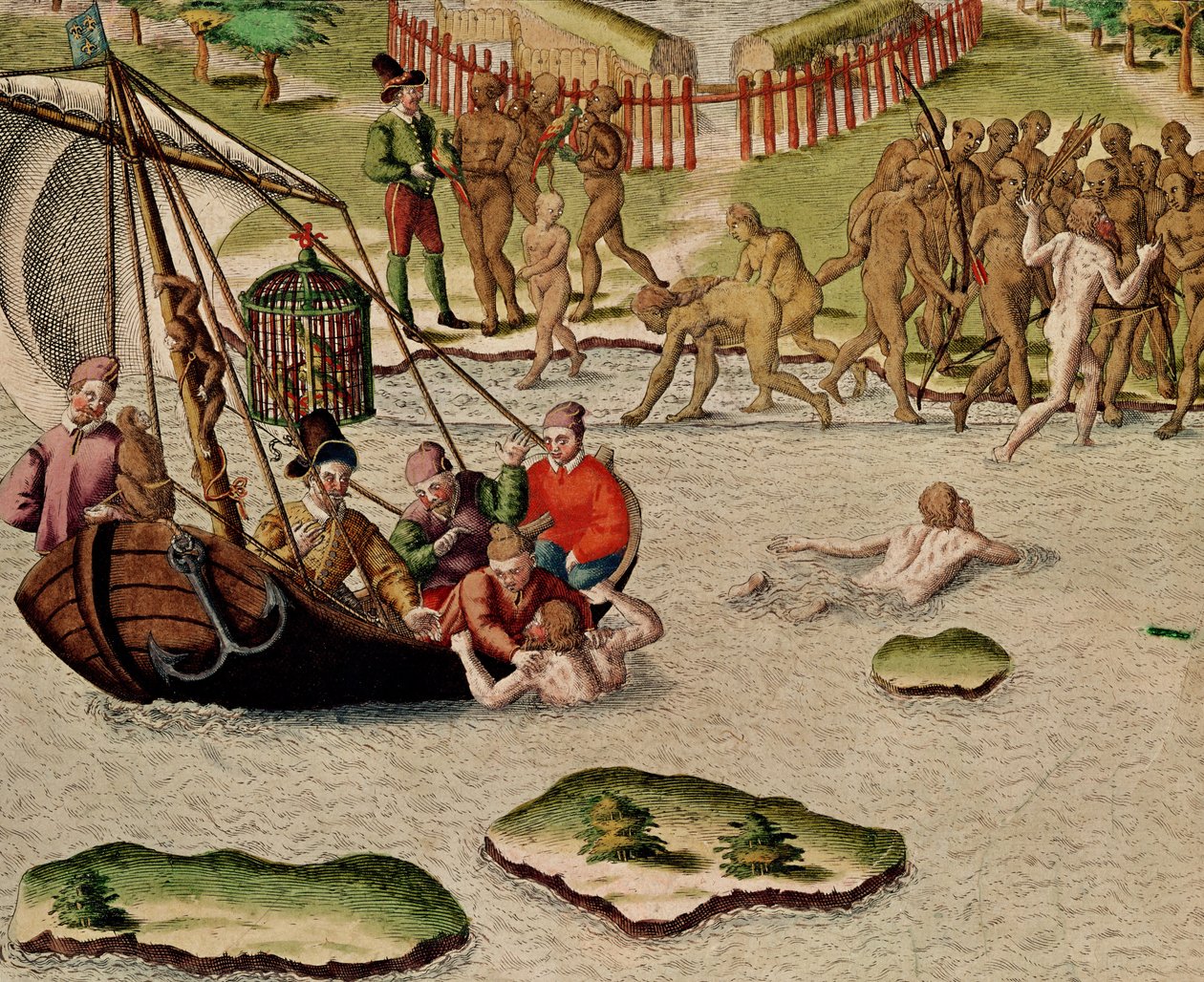 从&39;Americae Tertia Pars ...&39;，1592年，法国船只的土地和不成功的尝试交换囚犯 作者 西奥多·德布瑞