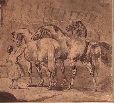 小女孩在马厩里喂马（铅笔和灰色水洗）。 作者 Theodore (attr. To) Gericault