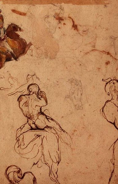 马和骑手的研究（铅笔、钢笔和棕色墨水、水彩）。 作者 Theodore (attr. To) Gericault