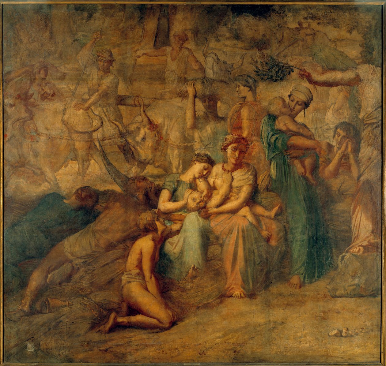 与母亲、孩子和牛群的和平寓言代表。 Theodore Chasseriau (1819-1856) 19 世纪 Sun 绘制的 Cour des Comptes 楼梯绘画。 3,4x3,6 m 作者 蒂奥多·切塞留