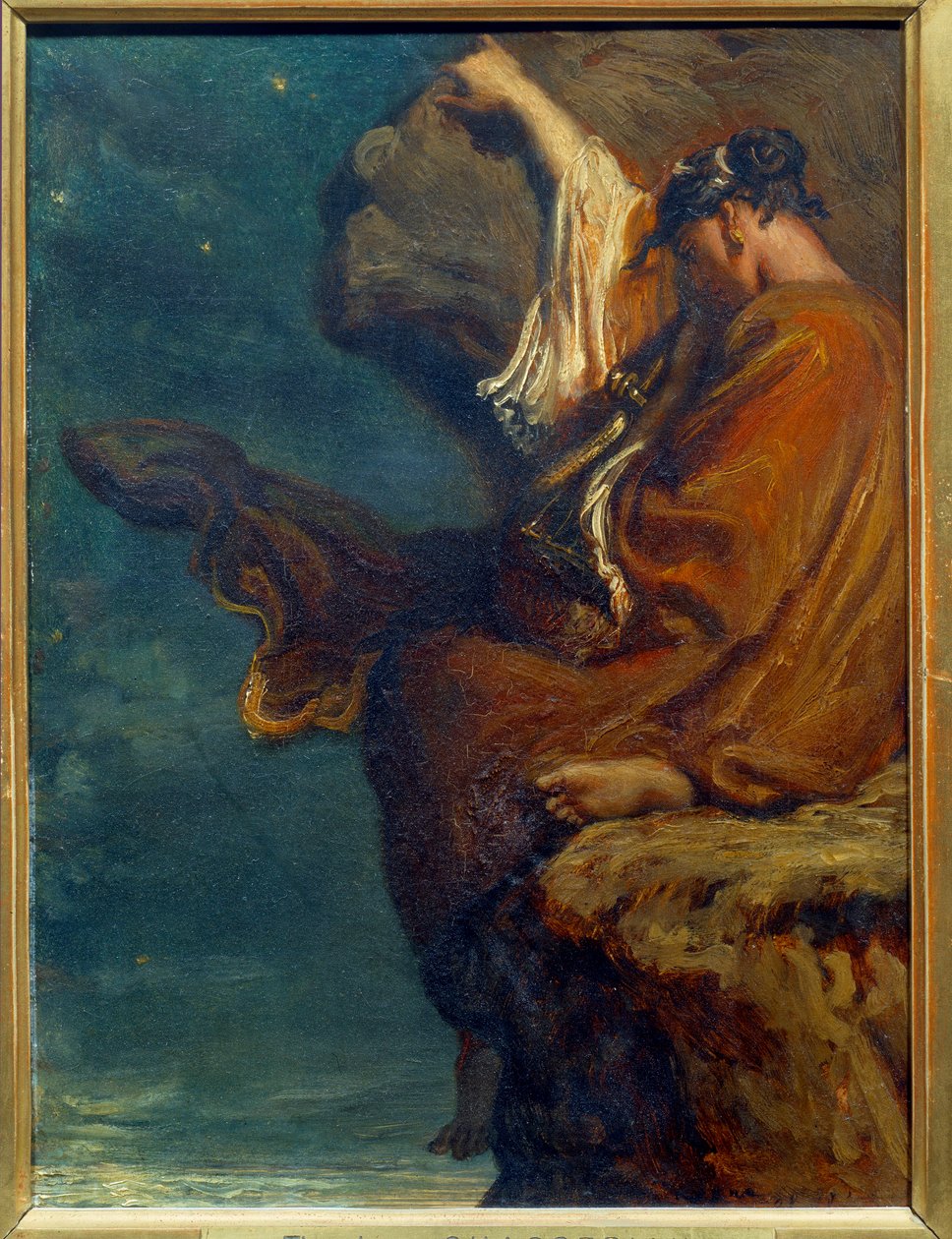萨波 希腊女诗人萨波（Sappho）（约公元前600年）坐在岩石上，用melancolia看海。Theodore Chasseriau (1819-1856)的画作 1849年，太阳。0,27x0,21米 巴黎，奥赛博物馆 作者 蒂奥多·切塞留
