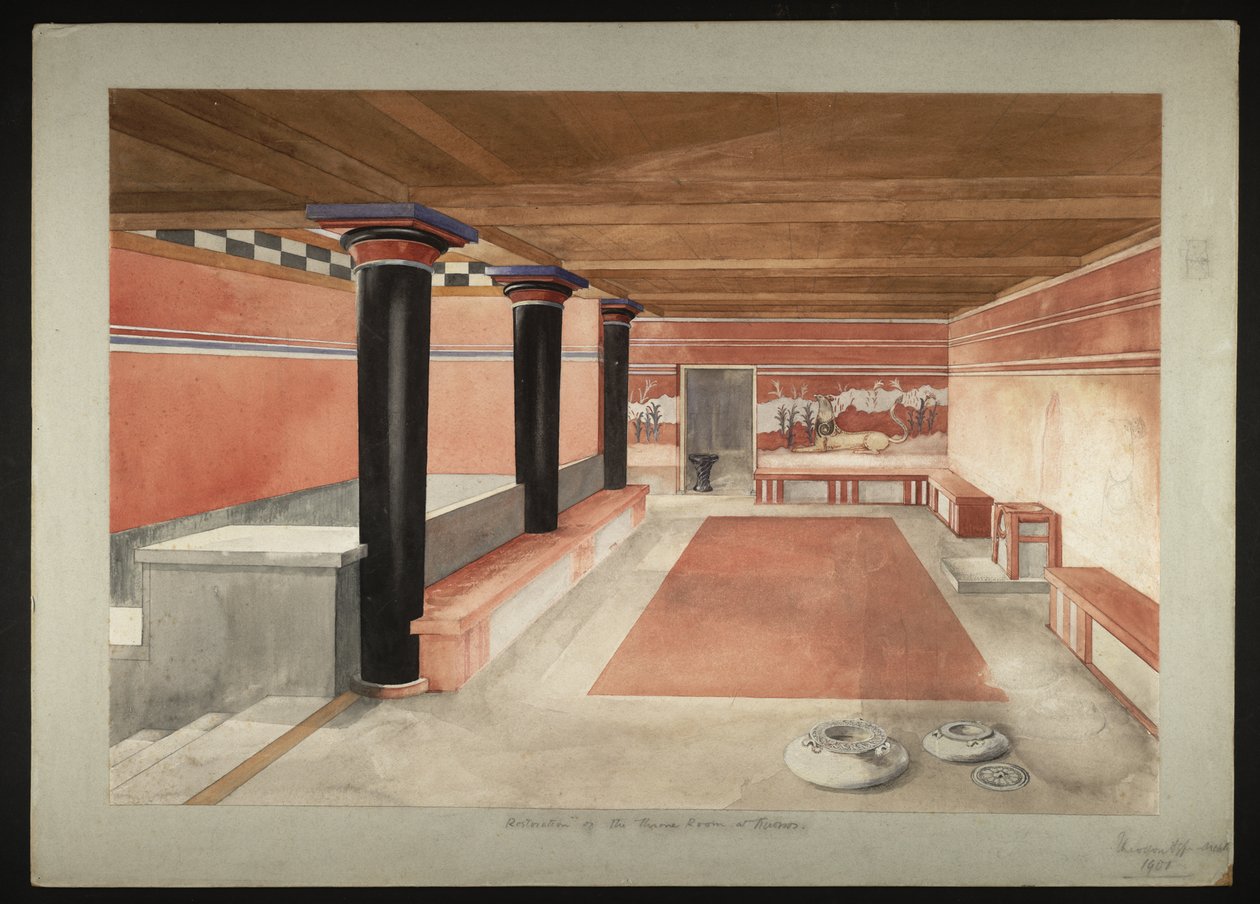 克诺索斯米诺斯王宫王座厅的重塑绘画（埃文斯壁画绘图 B/4 a) 作者 西奥多·费夫