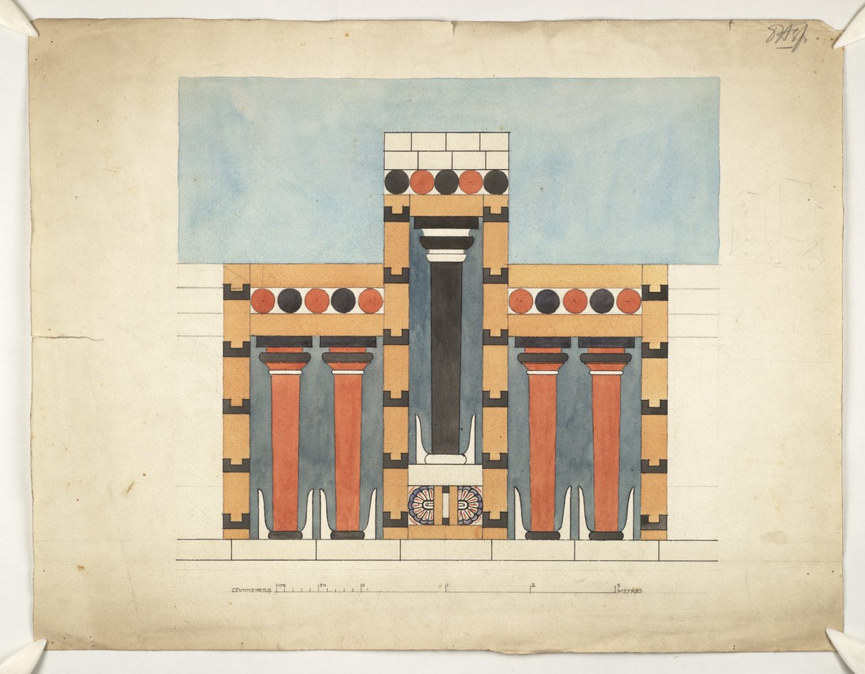 重新想象克诺索斯米诺斯宫中央庭院中央三方神殿的绘画（埃文斯建筑计划 WW/15） 作者 西奥多·费夫