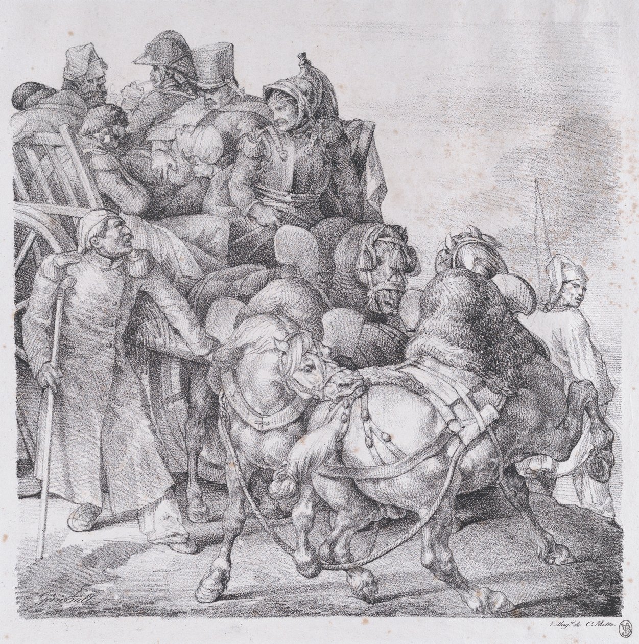 装有受伤士兵的车，1818年。 作者 西奥多·杰里科（Theodore Gericault）