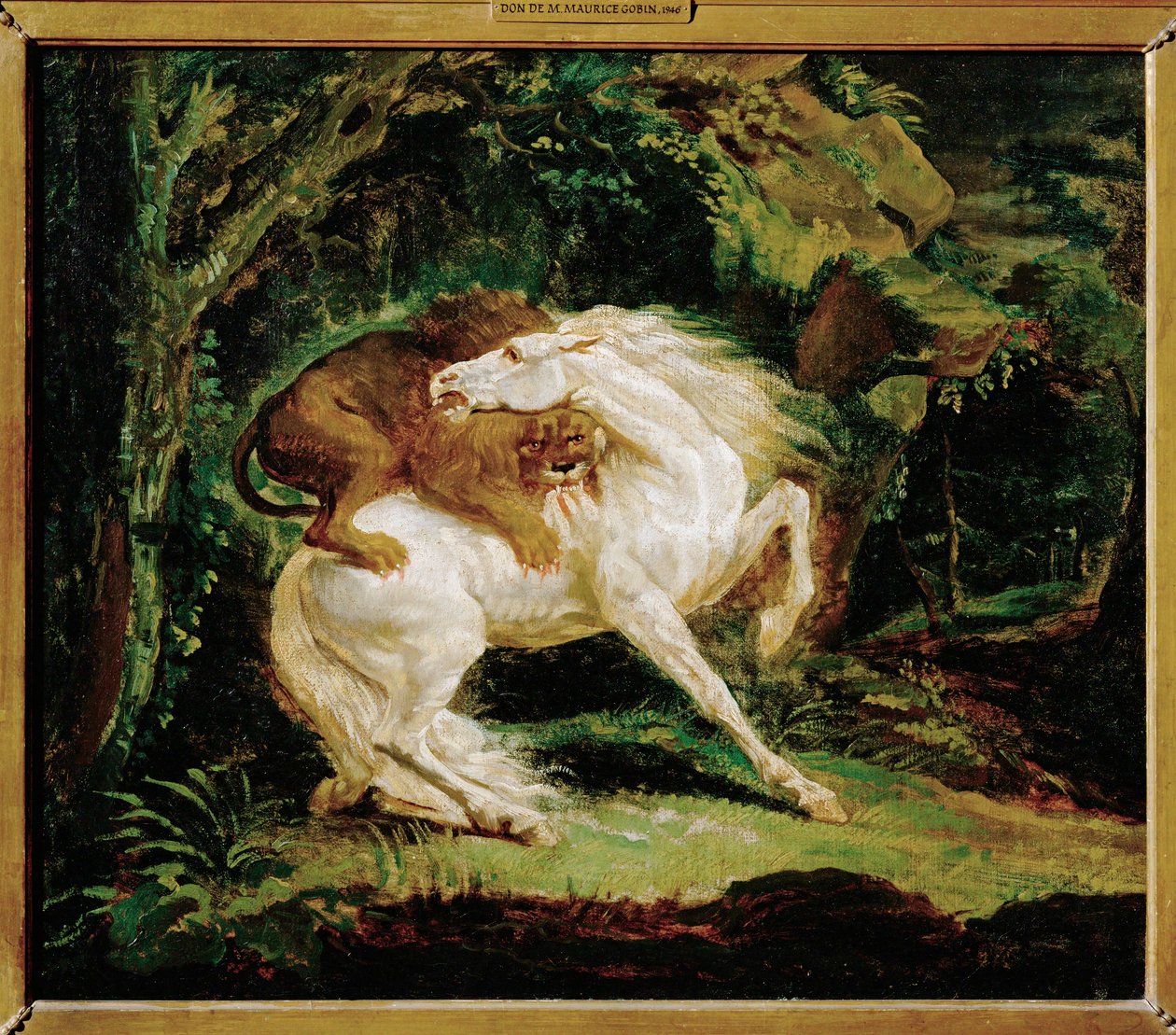 Cheval attaque par un lion - 一匹被狮子袭击的马，取材于劳里的蚀刻版画和乔治-斯塔布的油画... 作者 西奥多·杰里科（Theodore Gericault）