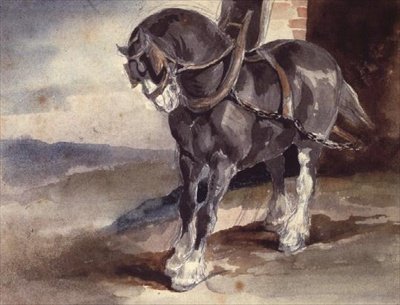 房子旁的草泥马（铅笔和水彩画 作者 西奥多·杰里科（Theodore Gericault）
