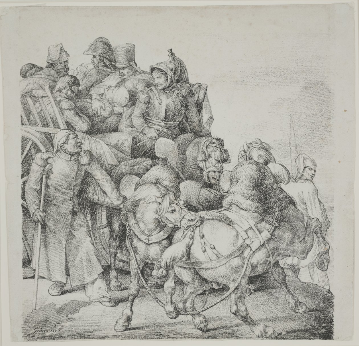 装满伤兵的马车，石版画，作者C. Motte 作者 西奥多·杰里科（Theodore Gericault）