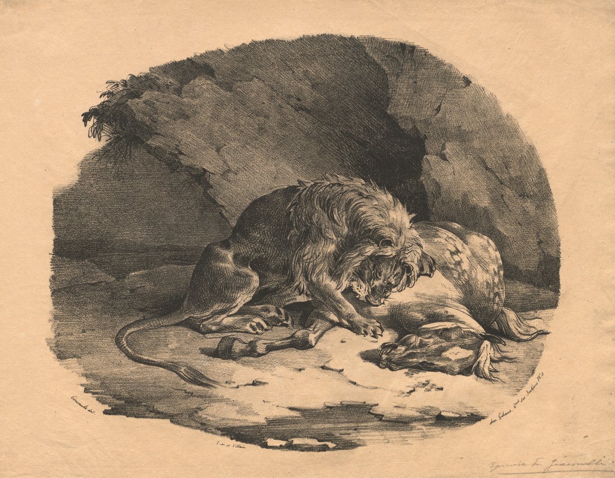 马被狮子吞噬，1823年。 作者 西奥多·杰里科（Theodore Gericault）