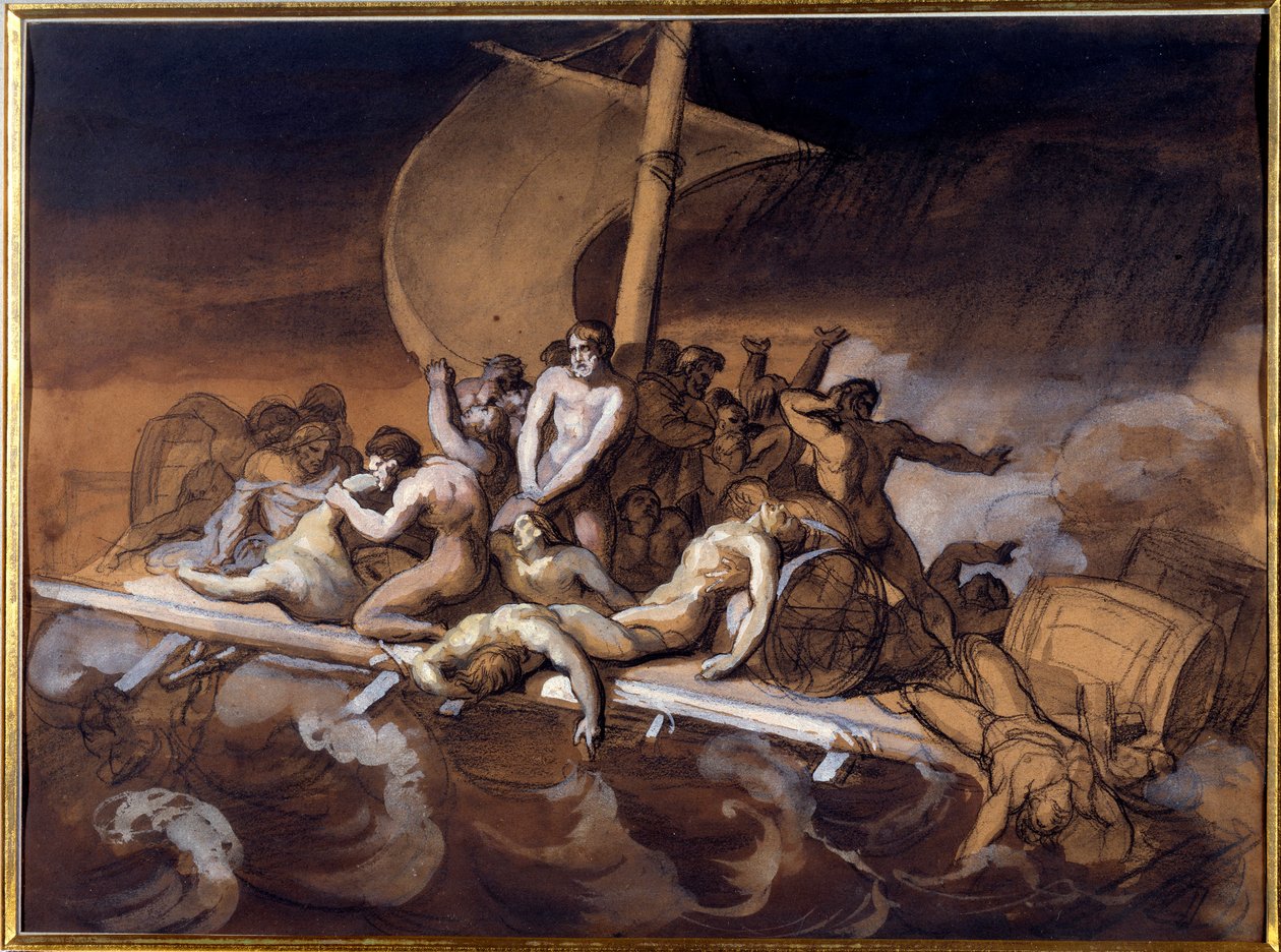 Le raft de la Meduse Theodore Gericault（1791-1824）在纸上进行水洗和水粉的准备研究。 1819 年尺寸 0.28 X 0.38 米。 巴黎，卢浮宫博物馆 作者 西奥多·杰里科（Theodore Gericault）