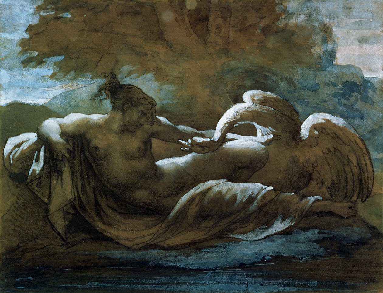 勒达和天鹅（黑色粉笔和水彩） 作者 西奥多·杰里科（Theodore Gericault）