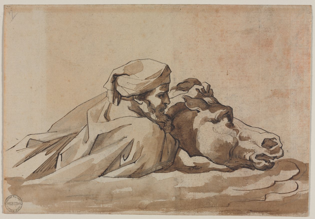 水中抱马的男子，取材于普桑的 "大洪水"（右图） 作者 西奥多·杰里科（Theodore Gericault）