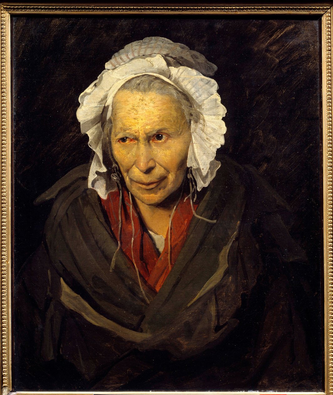 Salpetriere hyene 或嫉妒的偏执狂 一位患有精神疾病的老妇人的画像。 Theodore Gericault (1791-1824) 1822 年作画。 0,72x0,58 m 里昂，美术博物馆 - Salpetriere 的鬣狗或嫉妒的偏执狂。 一个老的肖像 作者 西奥多·杰里科（Theodore Gericault）