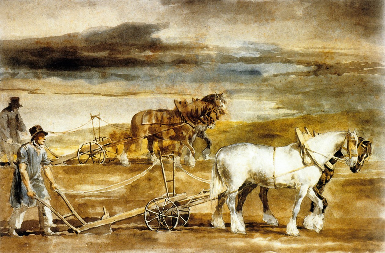 英国的耕作场景，约 1820 年（水彩画） 作者 西奥多·杰里科（Theodore Gericault）