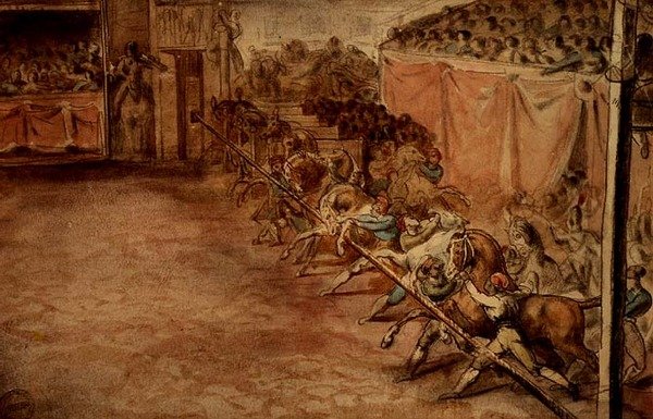 科尔索的比赛（铅笔、钢笔、墨水和水彩）。 作者 西奥多·杰里科（Theodore Gericault）