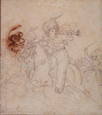 小号手吹响冲锋号（铅笔、钢笔和棕色墨水）。 作者 西奥多·杰里科（Theodore Gericault）