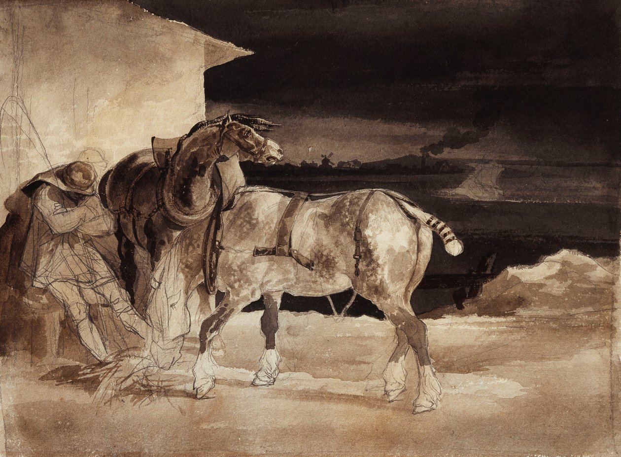 两匹马和一个沉睡的新郎，约1822-1823年 作者 西奥多·杰里科（Theodore Gericault）