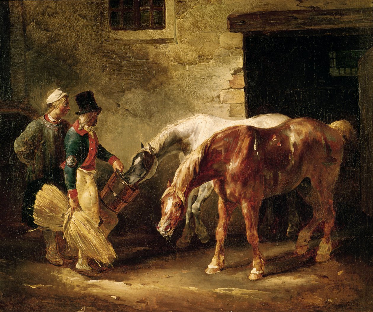 两个邮政马在稳定的门 作者 西奥多·杰里科（Theodore Gericault）