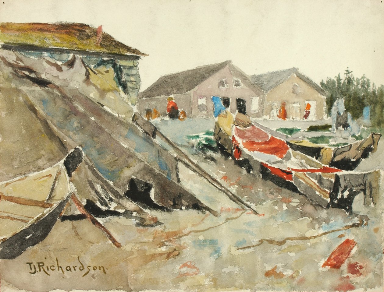 在独木舟上晾晒毛毯，约1890-1914年。 作者 西奥多·J·理查森