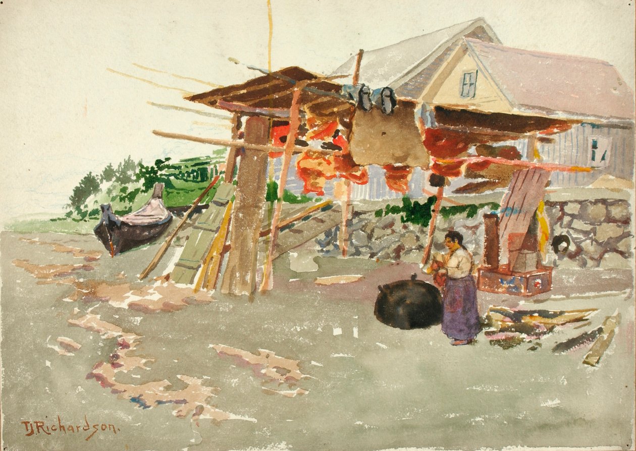 阿拉斯加印第安人村的三文鱼烘干，约1880-1914年。 作者 西奥多·J·理查森