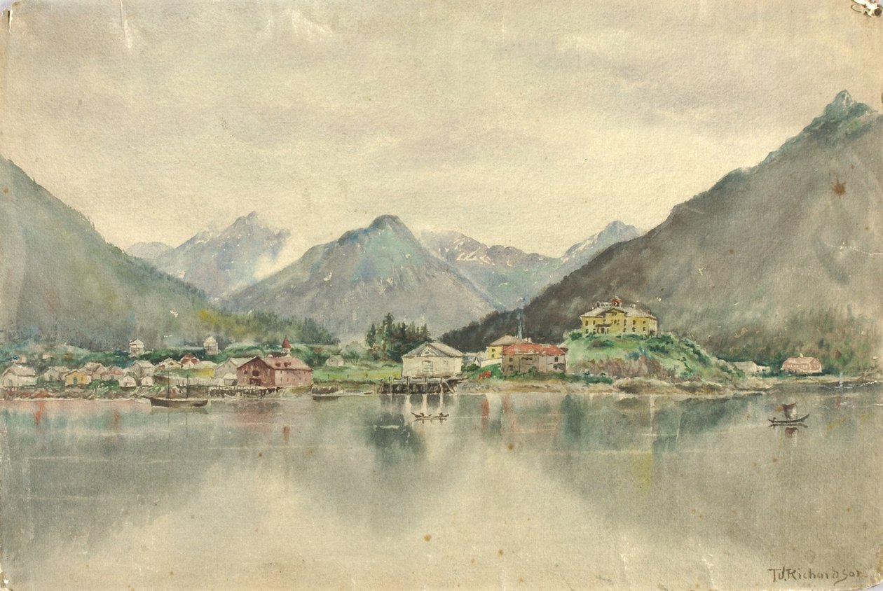从群岛看锡特卡，显示俄罗斯城堡，1888年。 作者 西奥多·J·理查森