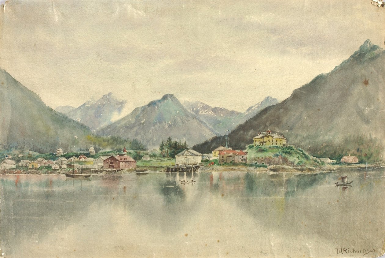 从岛屿俯瞰锡特卡，显示俄罗斯城堡，1888 年 作者 西奥多·J·理查森