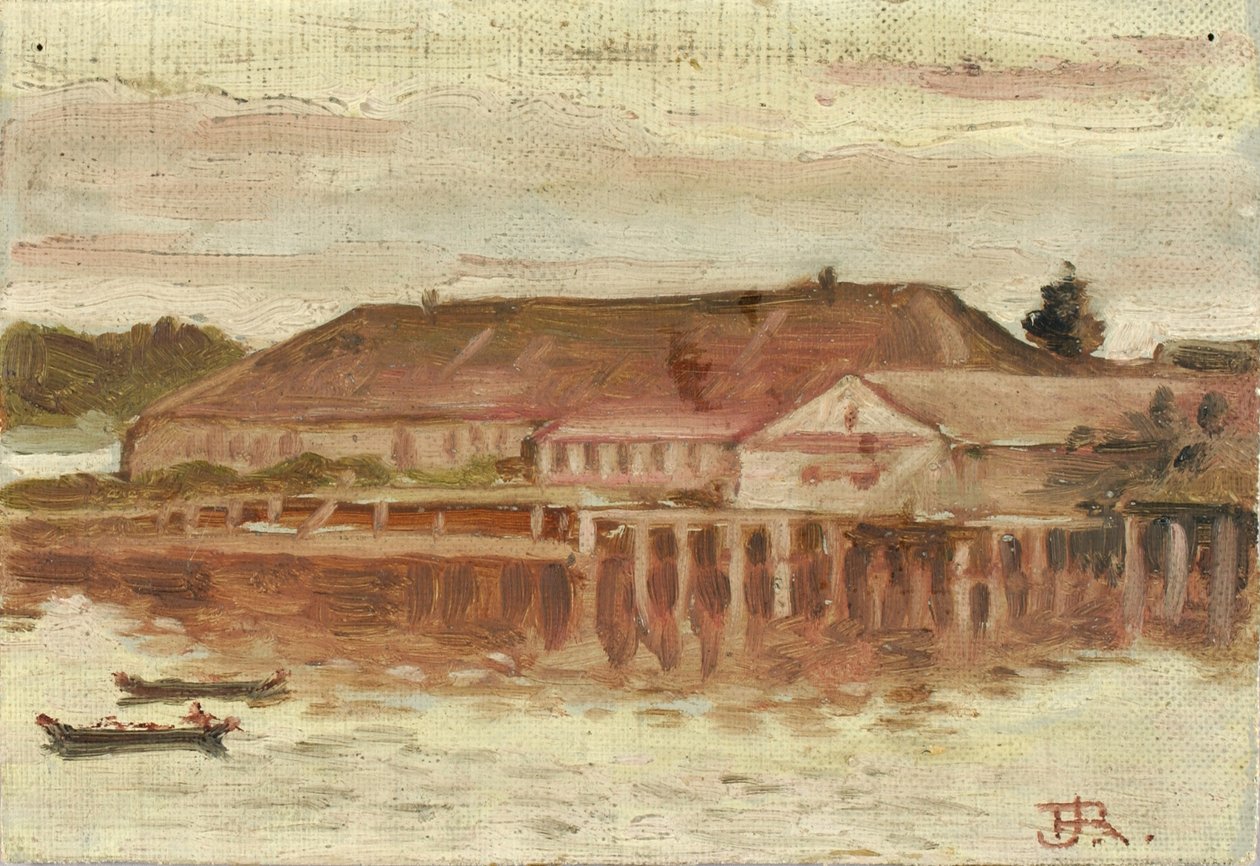 贸易站和码头建筑，锡特卡，晚间，约1880-1914。 作者 西奥多·J·理查森
