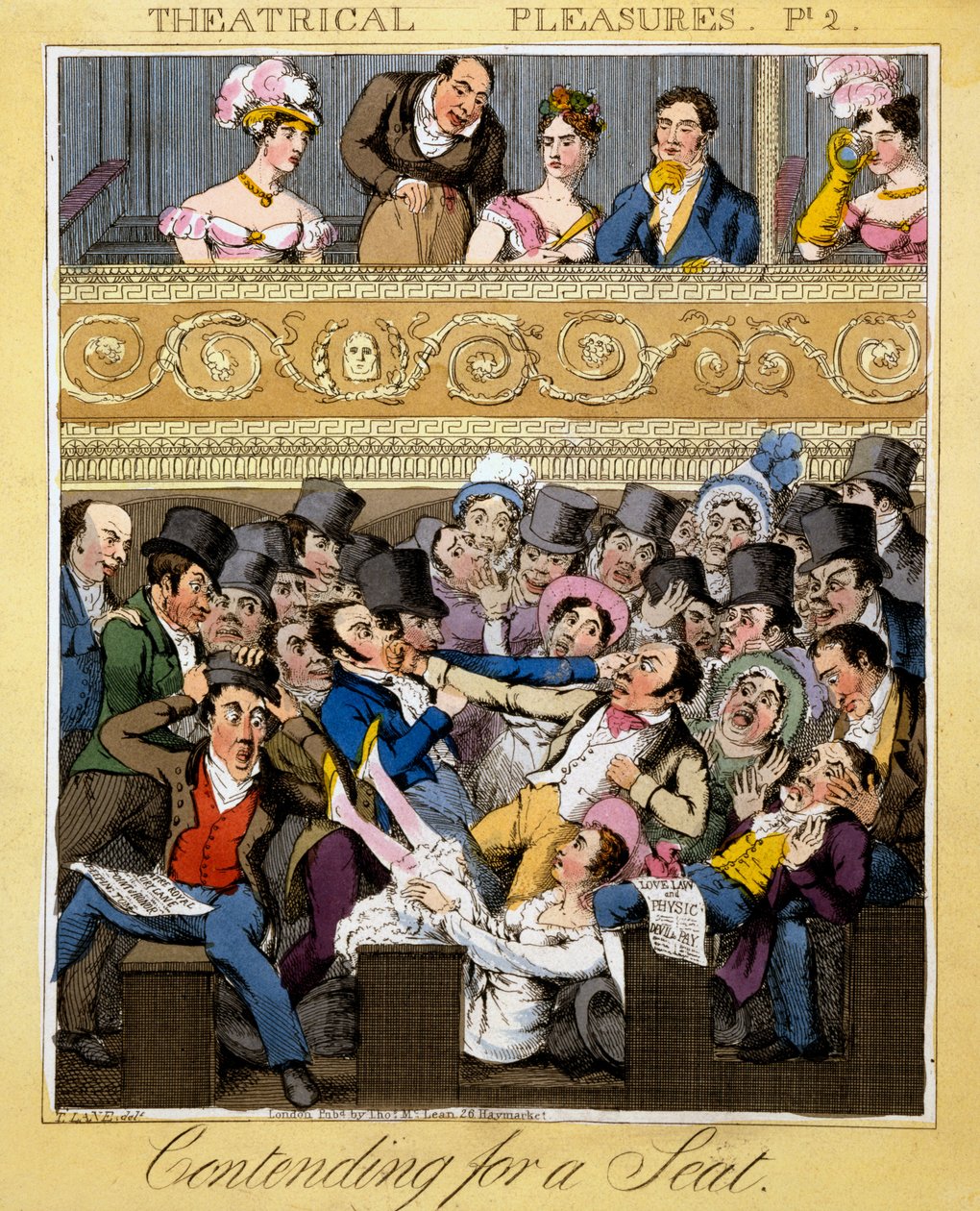 争夺席位，1827年“剧场乐趣”中的版画2（手工彩色雕刻） 作者 西奥多·莱恩