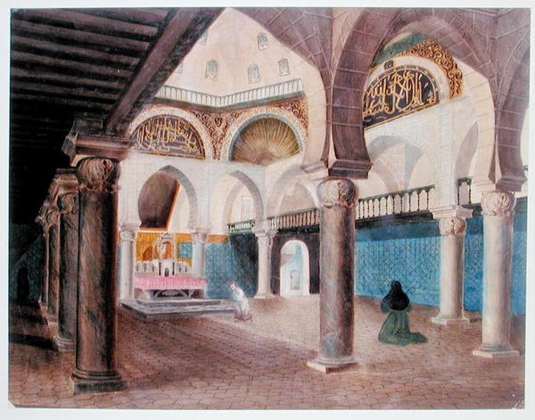 改建为主教宫的清真寺内部，阿尔及尔，约1835年（纸上水彩）。 作者 西奥多·勒布朗