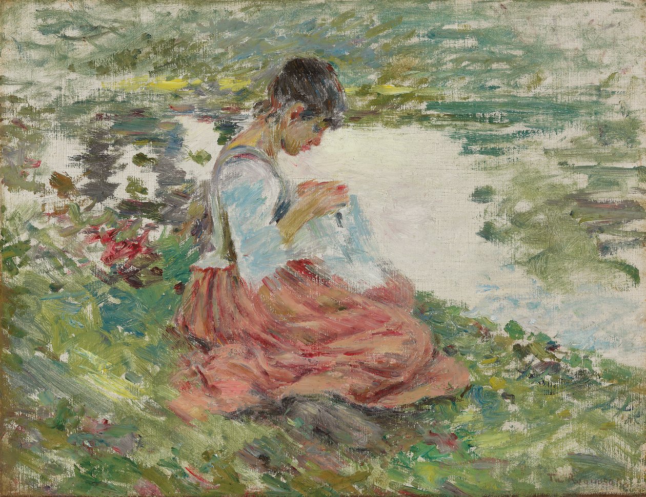 河边缝制的女孩，约1891年 作者 西奥多·罗宾逊