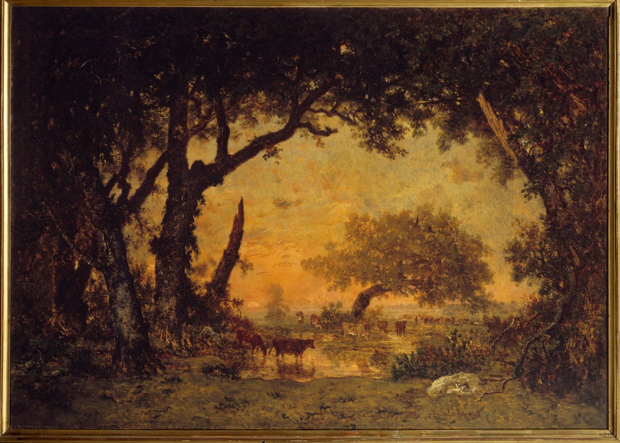 枫丹白露的森林出口，日落 绘画：Theodore Rousseau (1812-1867) 19世纪 太阳。1,42x1,97米 作者 皮埃尔·艾蒂安·西奥多·卢梭