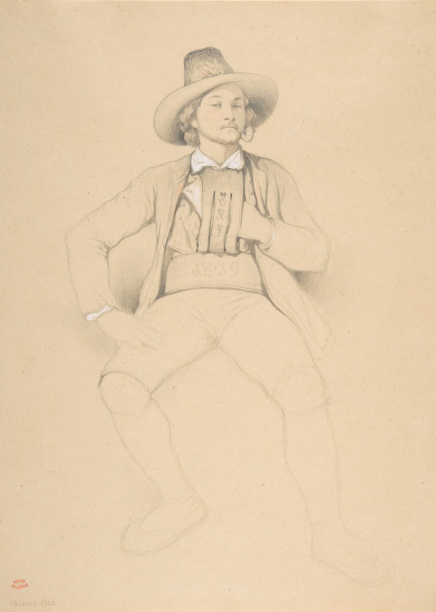 一个穿着蒂罗尔服装的人，坐着，抽着烟斗，1842年。 作者 西奥多·瓦莱里奥