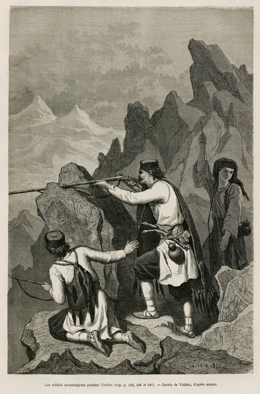 黑山士兵在行动中，在1876年战争期间，塞尔维亚和黑山向奥斯曼土耳其宣战，由瓦莱里奥绘制，以说明查尔斯-伊里亚尔特（1832-1898）在1874年的黑山之旅。Le tour中的雕版画 作者 西奥多·瓦莱里奥