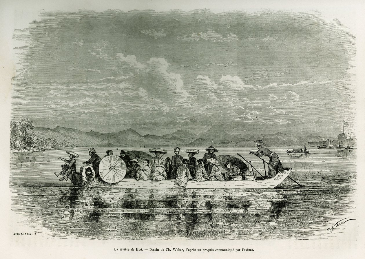 顺化（越南）河上的一艘船，由Th.韦伯画的，用来说明1875年在顺化（安南王国）的八天使馆故事，由隶属于代表团的中尉（N）布罗萨德-科尔比尼先生画的。世界之旅》中的版画 作者 西奥多·韦伯