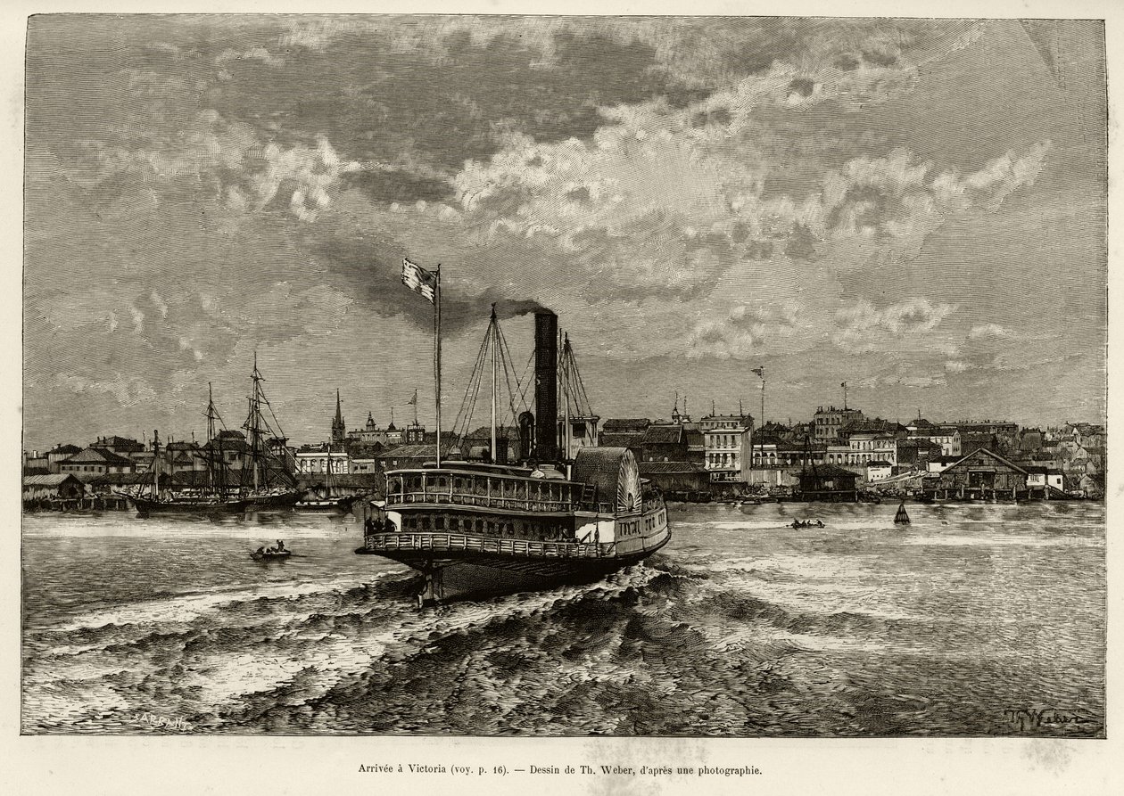 抵达加拿大的维多利亚。韦伯（Th.Weber）为E.Cotteau在1890年所写的 "特兰斯坎纳迪人和阿拉斯加 "的故事作插图，载于爱德华-查顿（1807-1890）编辑的Le tour du monde, nouveau journal des voyages，1891年第二学期，Hachet出版社。 作者 西奥多·韦伯
